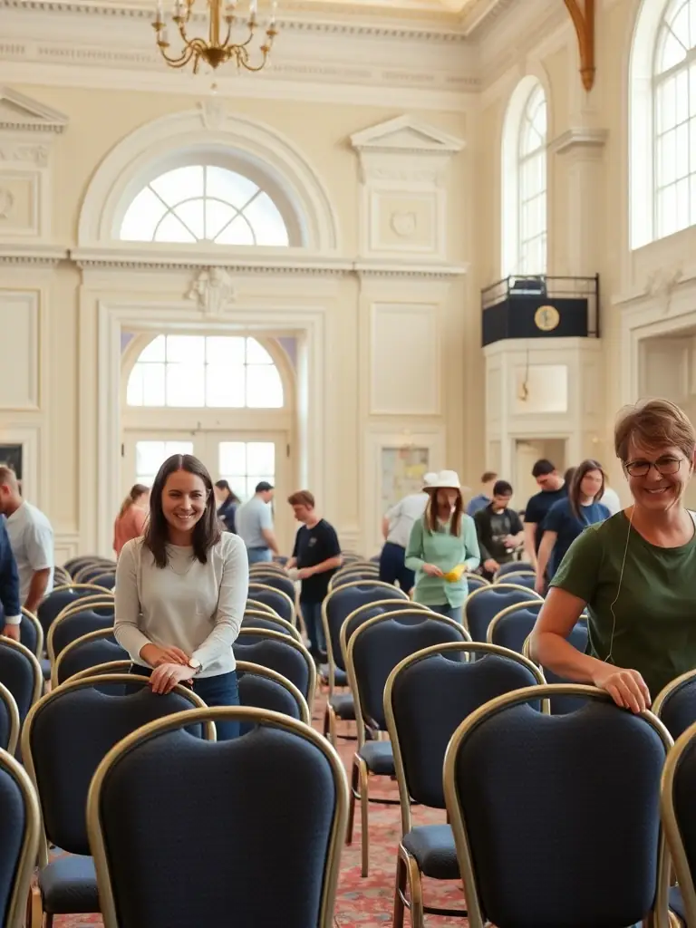 A group of volunteers smiling and working together at an art exhibition setup for LA CONSERVERIE DE BENEVENT, showcasing community engagement.