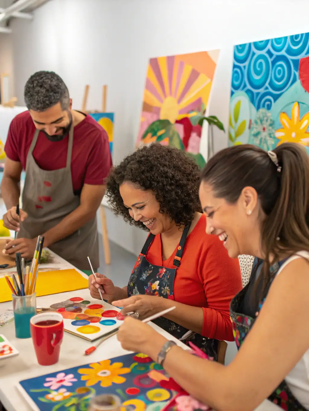 A diverse group of people participating in an art workshop at LA CONSERVERIE DE BENEVENT, emphasizing inclusivity and creative expression.