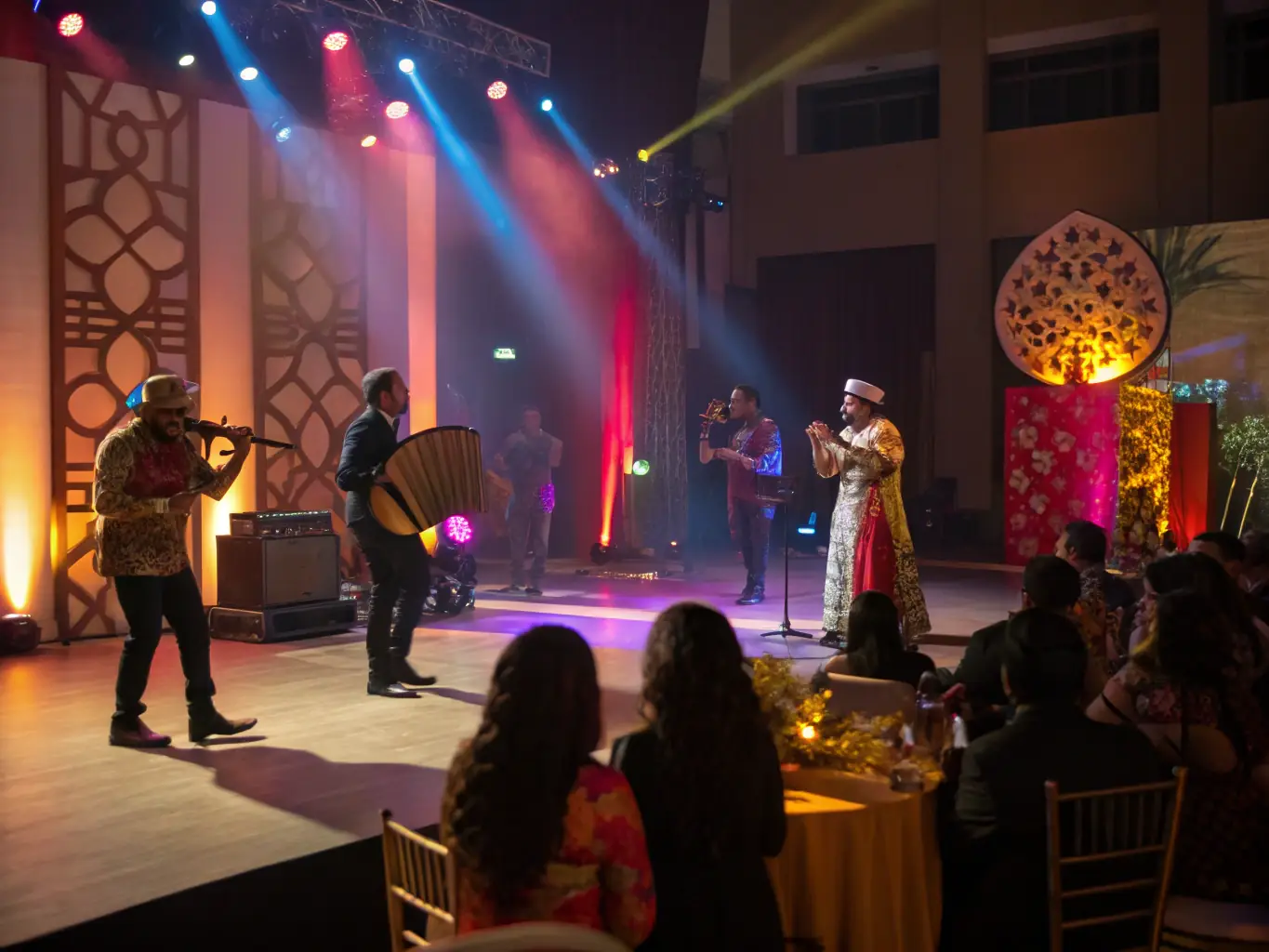 A photograph capturing a lively cultural event at LA CONSERVERIE DE BENEVENT, with attendees enjoying music, dance, and other artistic performances.
