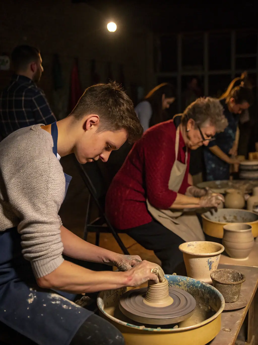 A photograph of a pottery workshop in progress at LA CONSERVERIE DE BENEVENT, with participants of all ages learning from a skilled instructor.