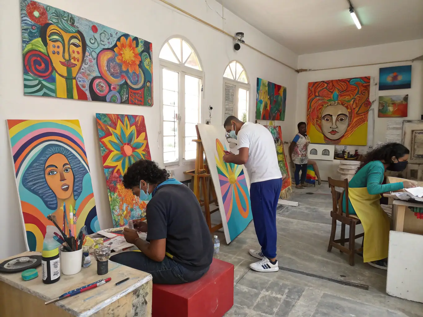 A vibrant art workshop in progress, with participants of all ages engaged in painting and sculpting, showcasing the hands-on learning experience offered by LA CONSERVERIE DE BENEVENT.